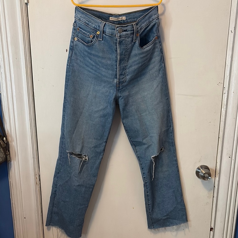 Levi's Blue Straight Leg Jeans with Distressed Details